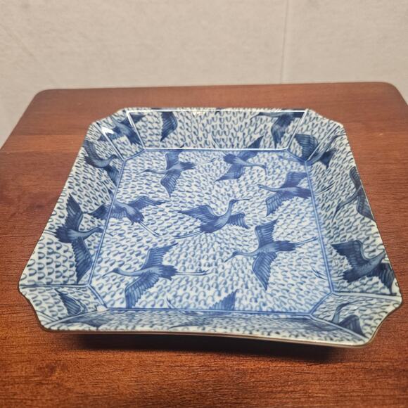 Fitz Floyd STORK 6" Square Tray Blue and White Bird Motif Chinoiserie Chic - Picture 1 of 6